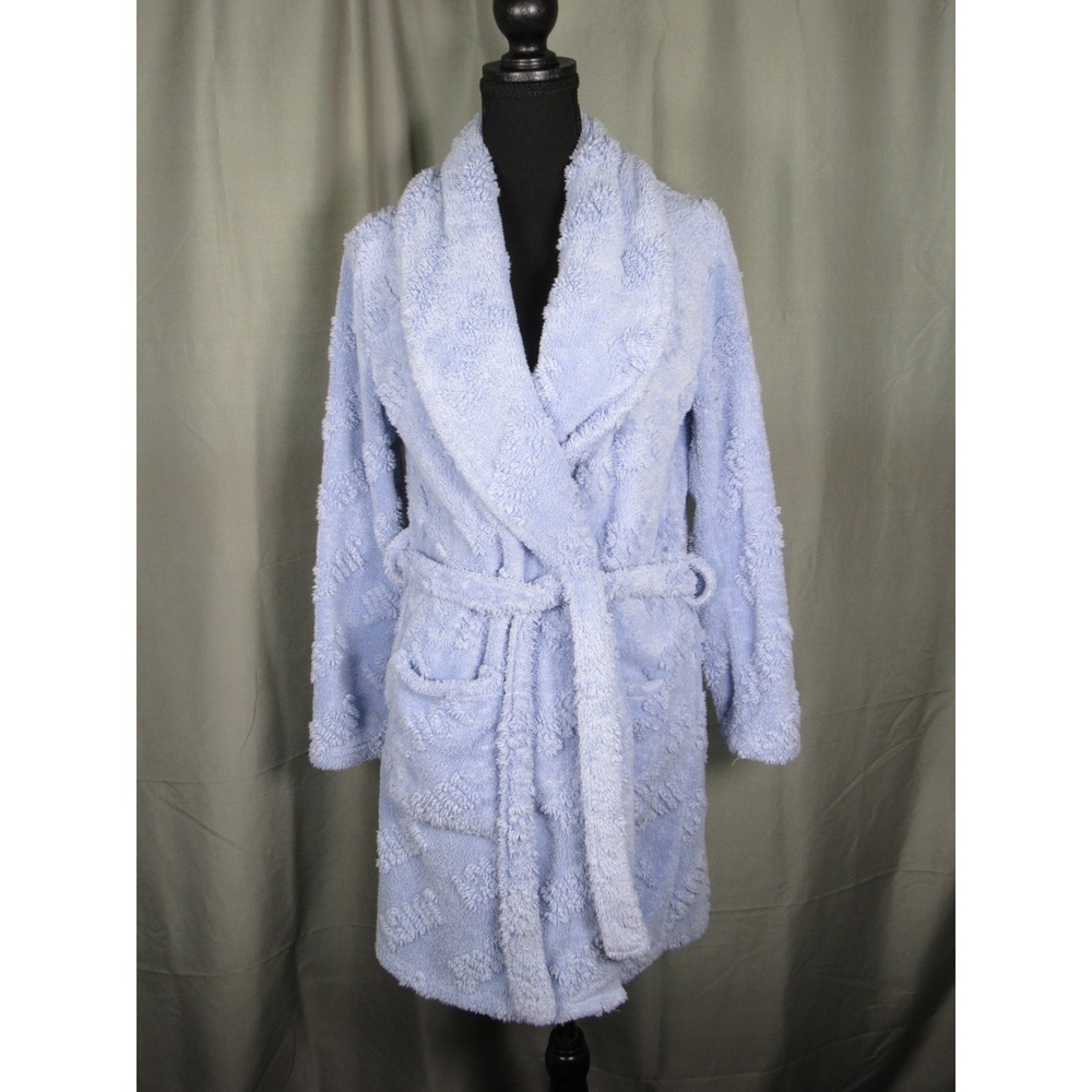 Juicy Couture Blue Plush Logo Robe S/M Shawl Collar Tie Waist Sleepwear